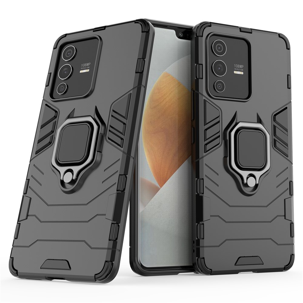 For vivo S12 Pro Flexible TPU +Hard PC Scratch Resistant Protective Phone Case Cover with Ring Kickstand - Black-1