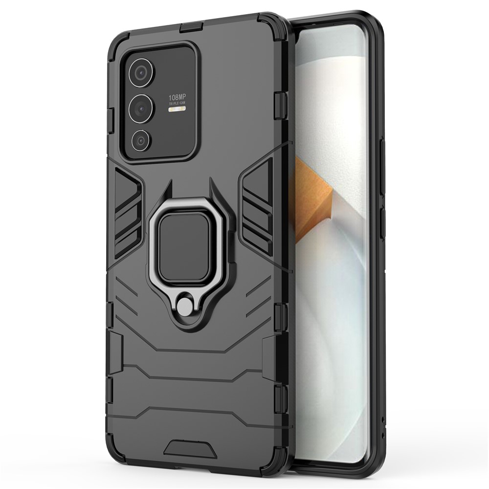 For vivo S12 Pro Flexible TPU +Hard PC Scratch Resistant Protective Phone Case Cover with Ring Kickstand - Black-2