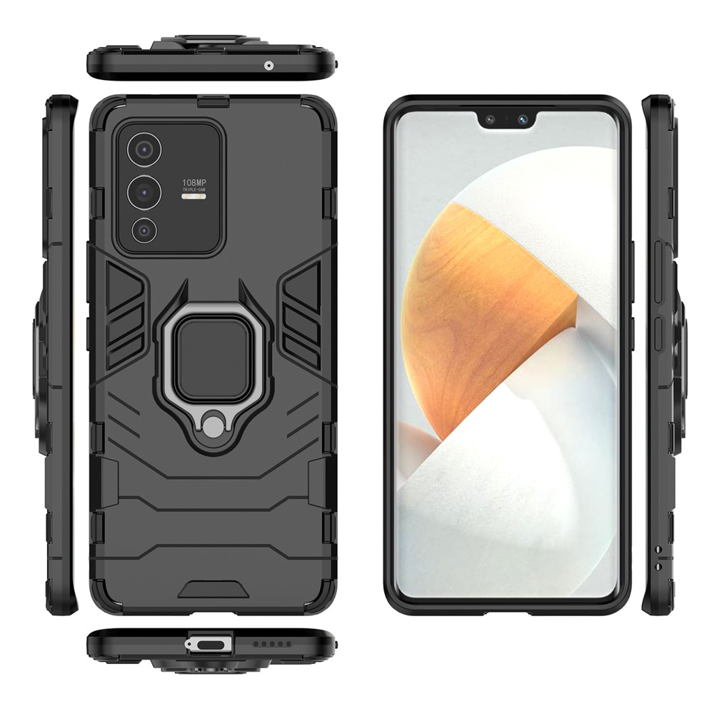 For vivo S12 Pro Flexible TPU +Hard PC Scratch Resistant Protective Phone Case Cover with Ring Kickstand - Black-6
