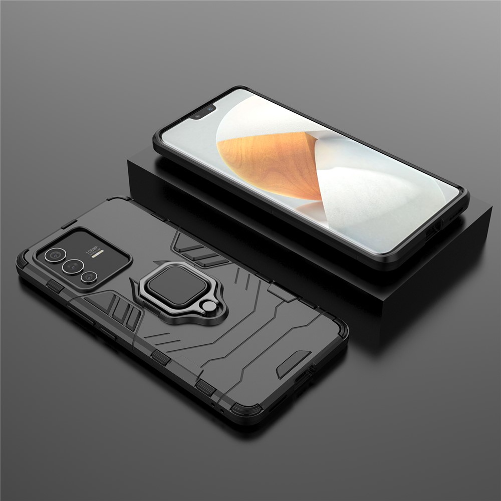 For vivo S12 Pro Flexible TPU +Hard PC Scratch Resistant Protective Phone Case Cover with Ring Kickstand - Black-7