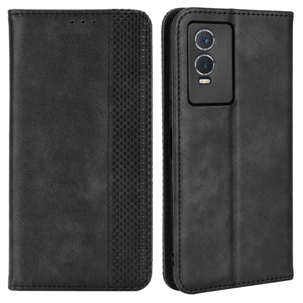For vivo Y76s Vintage PU Leather Wallet Case Imprinted Mosaic Anti-fall Protection Magnetic Absorption Stand Flip Folio Phone Cover - Black-1