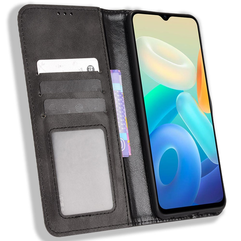 For vivo Y76s Vintage PU Leather Wallet Case Imprinted Mosaic Anti-fall Protection Magnetic Absorption Stand Flip Folio Phone Cover - Black-4