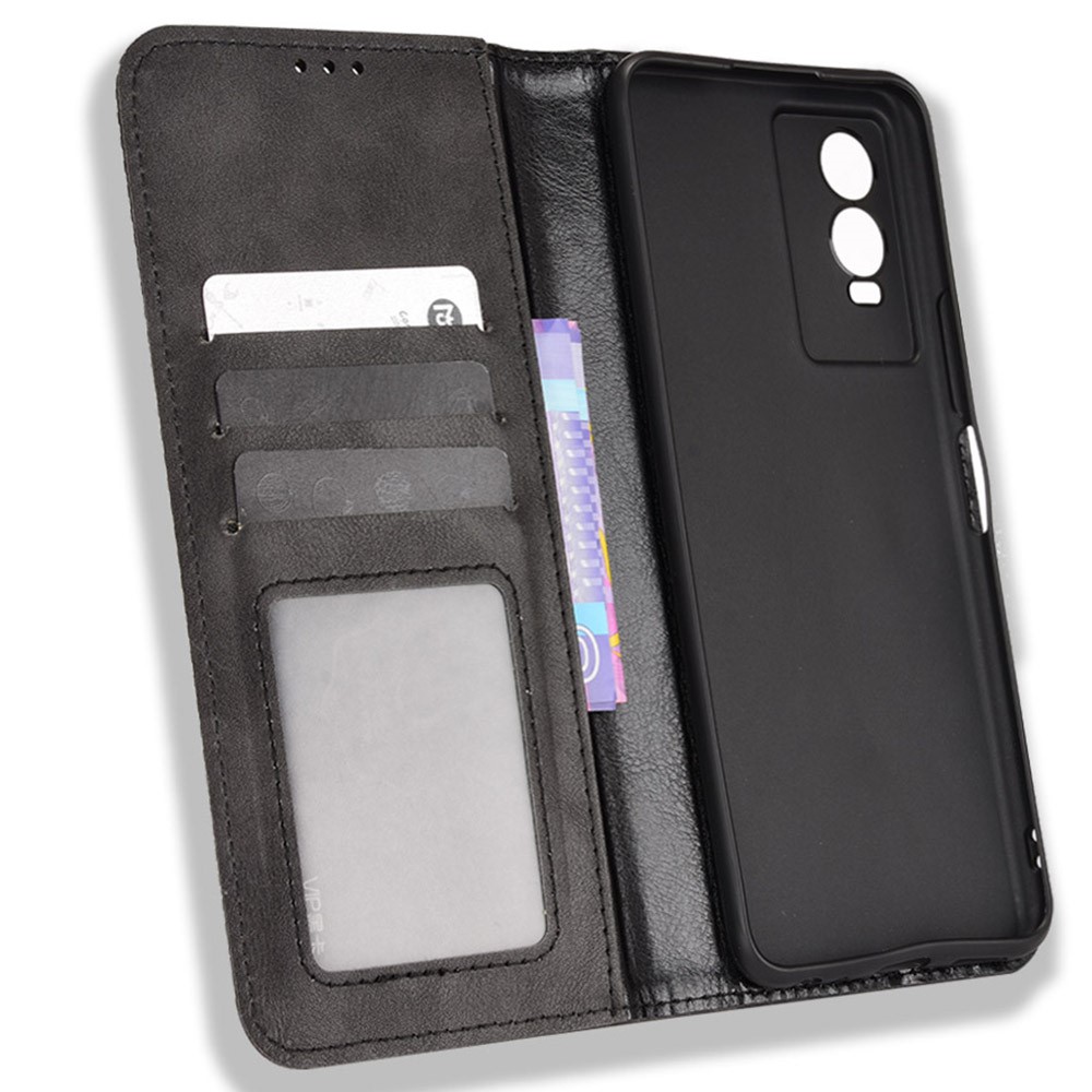 For vivo Y76s Vintage PU Leather Wallet Case Imprinted Mosaic Anti-fall Protection Magnetic Absorption Stand Flip Folio Phone Cover - Black-5