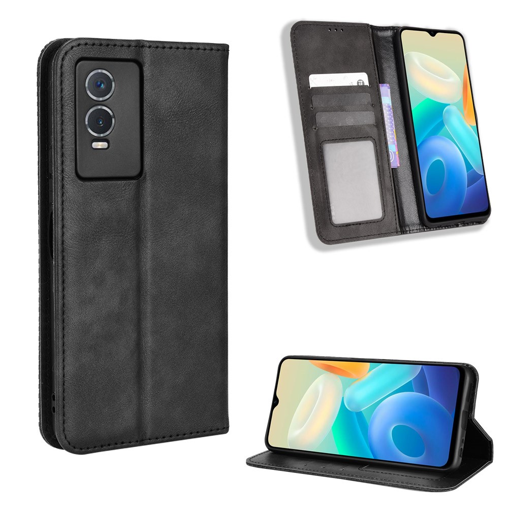 For vivo Y76s Vintage PU Leather Wallet Case Imprinted Mosaic Anti-fall Protection Magnetic Absorption Stand Flip Folio Phone Cover - Black-8