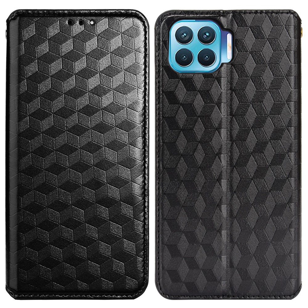For Oppo F17 Pro/A93 4G/Reno4 Lite/Reno4 F Imprinting Rhombus Magnetic Closure PU Leather Cover Stand Wallet Phone Case - Black-1