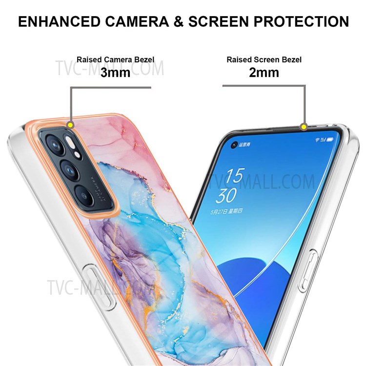 LB1 Series Electroplated Edge Case for Oppo Reno6 5G, Marble Design IMD Soft TPU Shockproof Cover - Milky Way Marble Blue-4