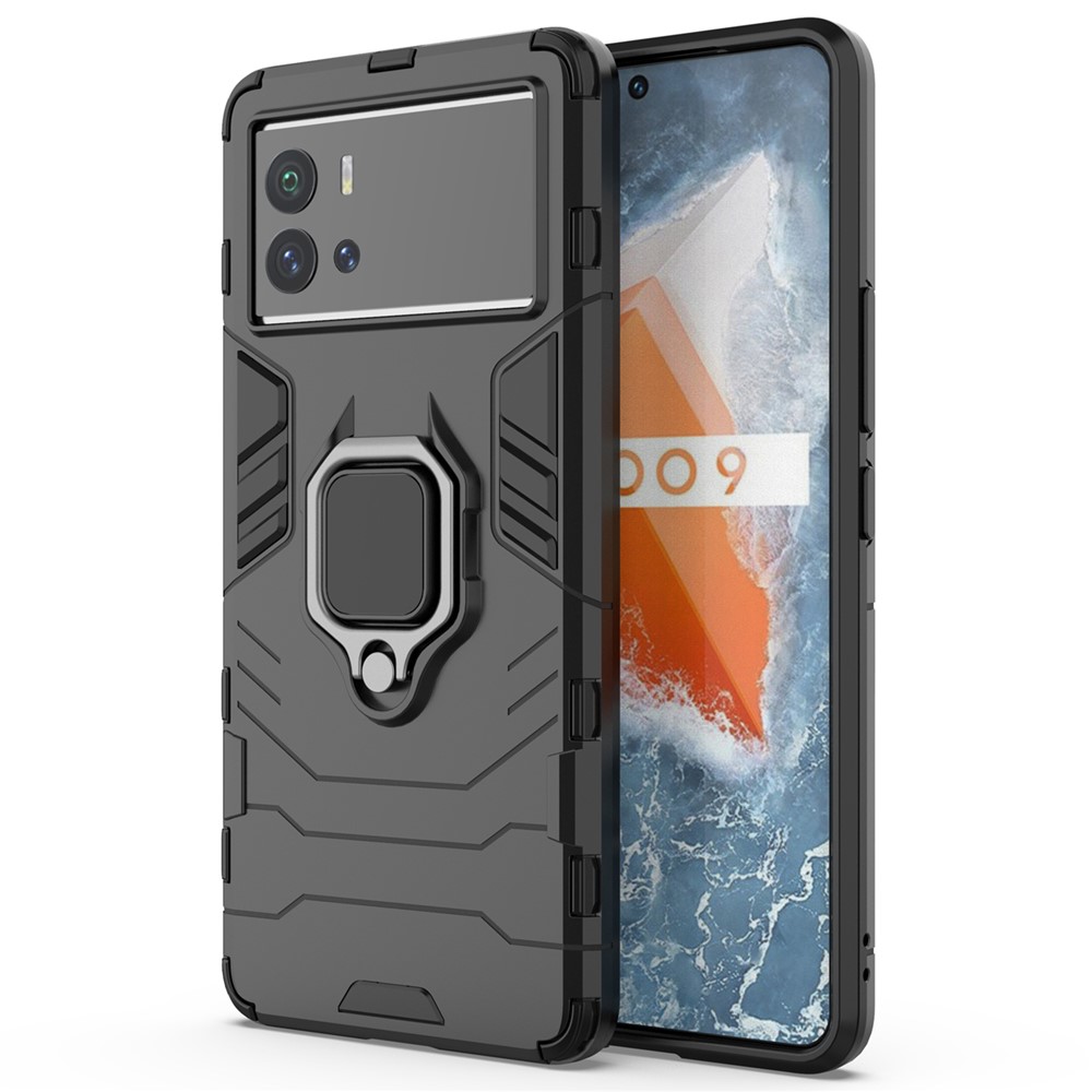 For vivo iQOO 9 Ring Holder Kickstand Phone Case Soft TPU + Hard PC Fall Protection Hybrid Cover - Black-2