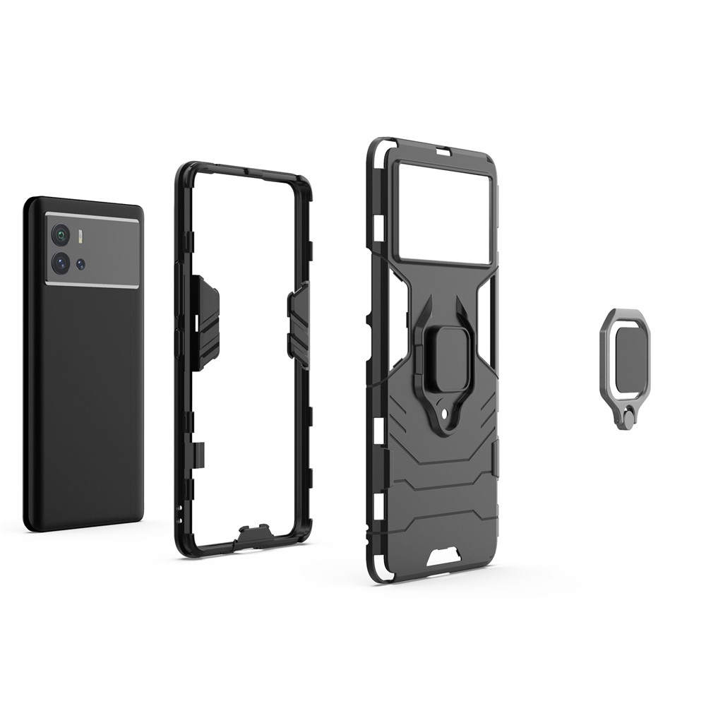 For vivo iQOO 9 Ring Holder Kickstand Phone Case Soft TPU + Hard PC Fall Protection Hybrid Cover - Black-5