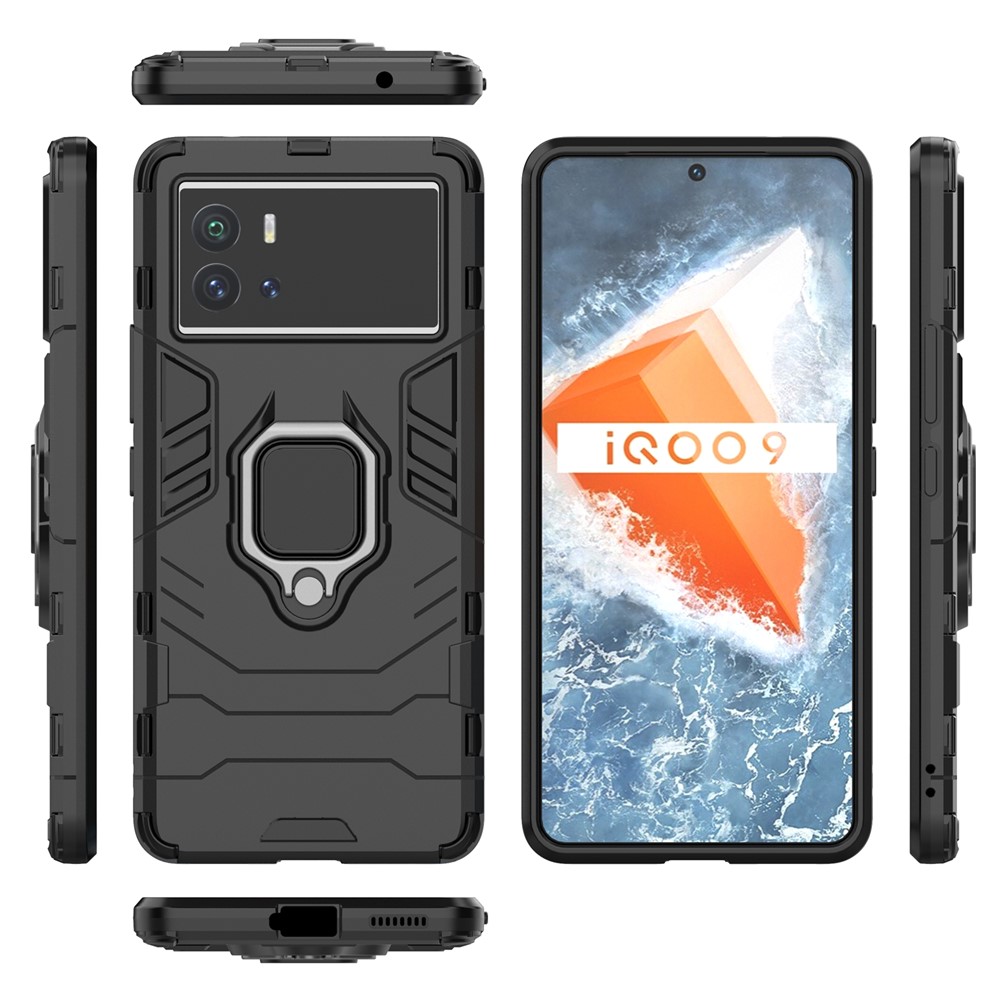 For vivo iQOO 9 Ring Holder Kickstand Phone Case Soft TPU + Hard PC Fall Protection Hybrid Cover - Black-6