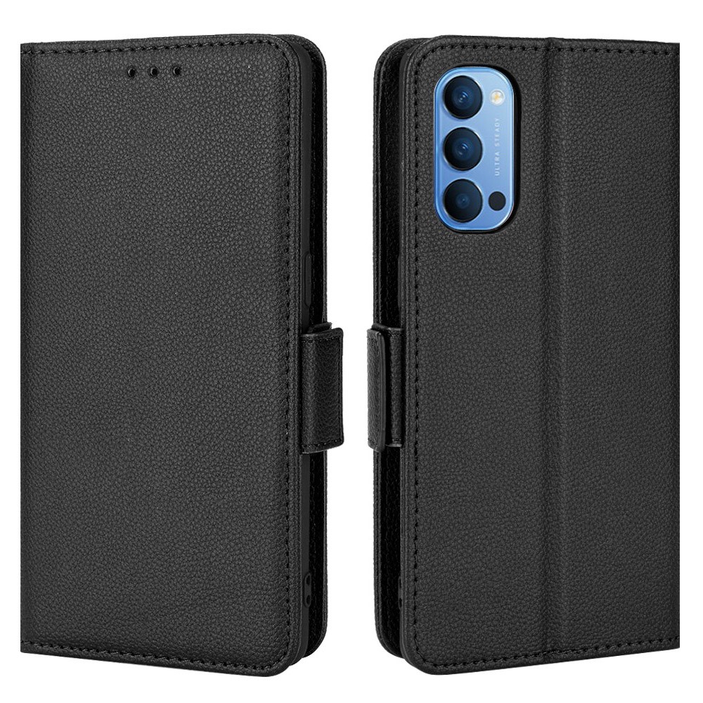 For Oppo Reno4 5G Double Magnetic Clasp Shockproof Phone Cover Litchi Texture Leather Protector with Wallet Stand - Black-1