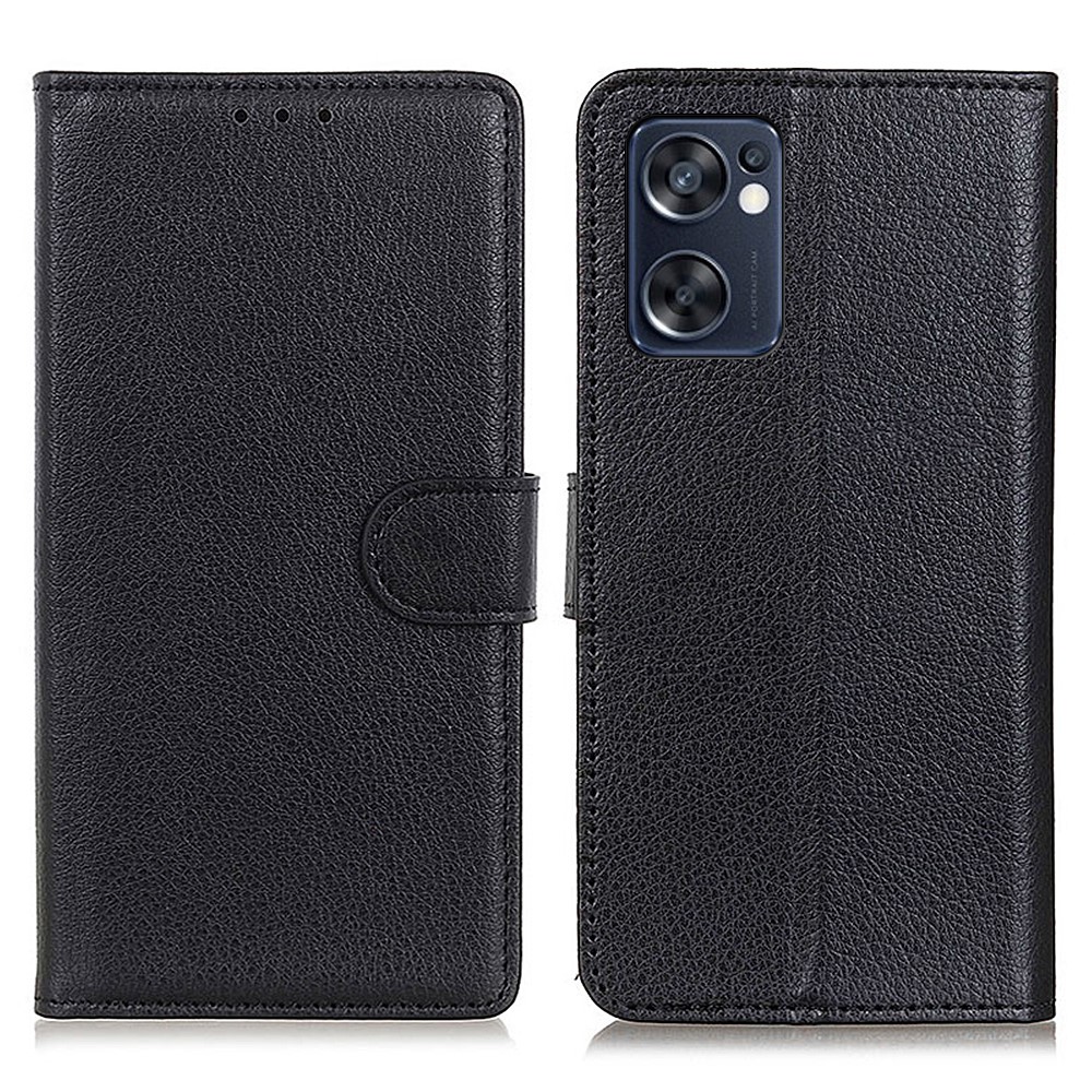 For Oppo Reno7 SE 5G PU Leather + TPU Litchi Texture Folio Flip Phone Case with Wallet Stand - Black-1