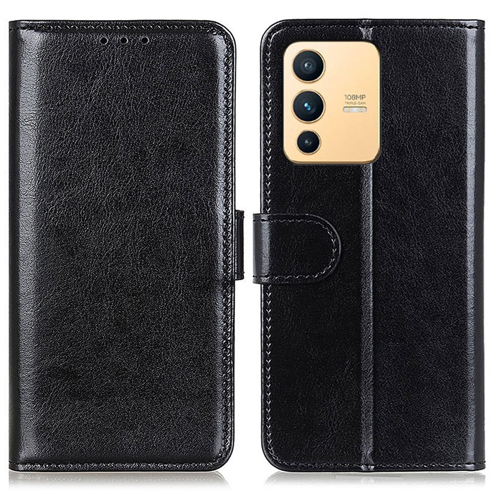 For vivo S12/V23 5G Adjustable Stand Crazy Horse Texture Case Ant-fall PU Leather Wallet Case Inner TPU Magnetic Closure Cover - Black-1