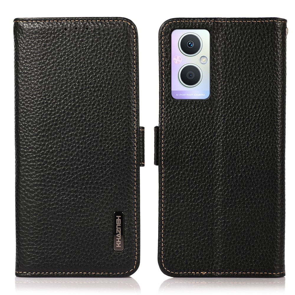 KHAZNEH For Oppo A96 5G RFID Blocking Litchi Texture Genuine Leather Phone Case with Wallet Stand Protective Cover - Black-1