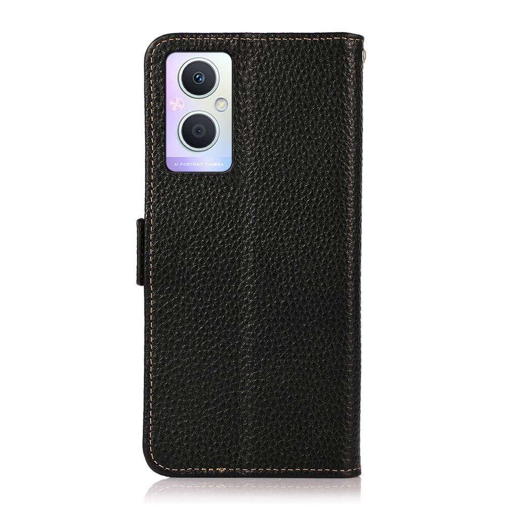 KHAZNEH For Oppo A96 5G RFID Blocking Litchi Texture Genuine Leather Phone Case with Wallet Stand Protective Cover - Black-3