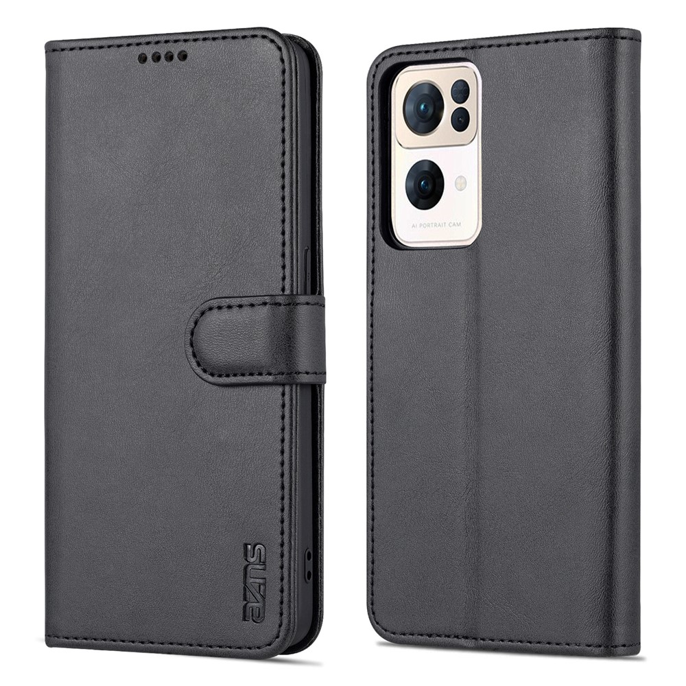 AZNS For Oppo Reno7 Pro 5G PU Leather Case Wallet Folding Stand Anti-fall Protection Magnetic Flip Cover - Black-1