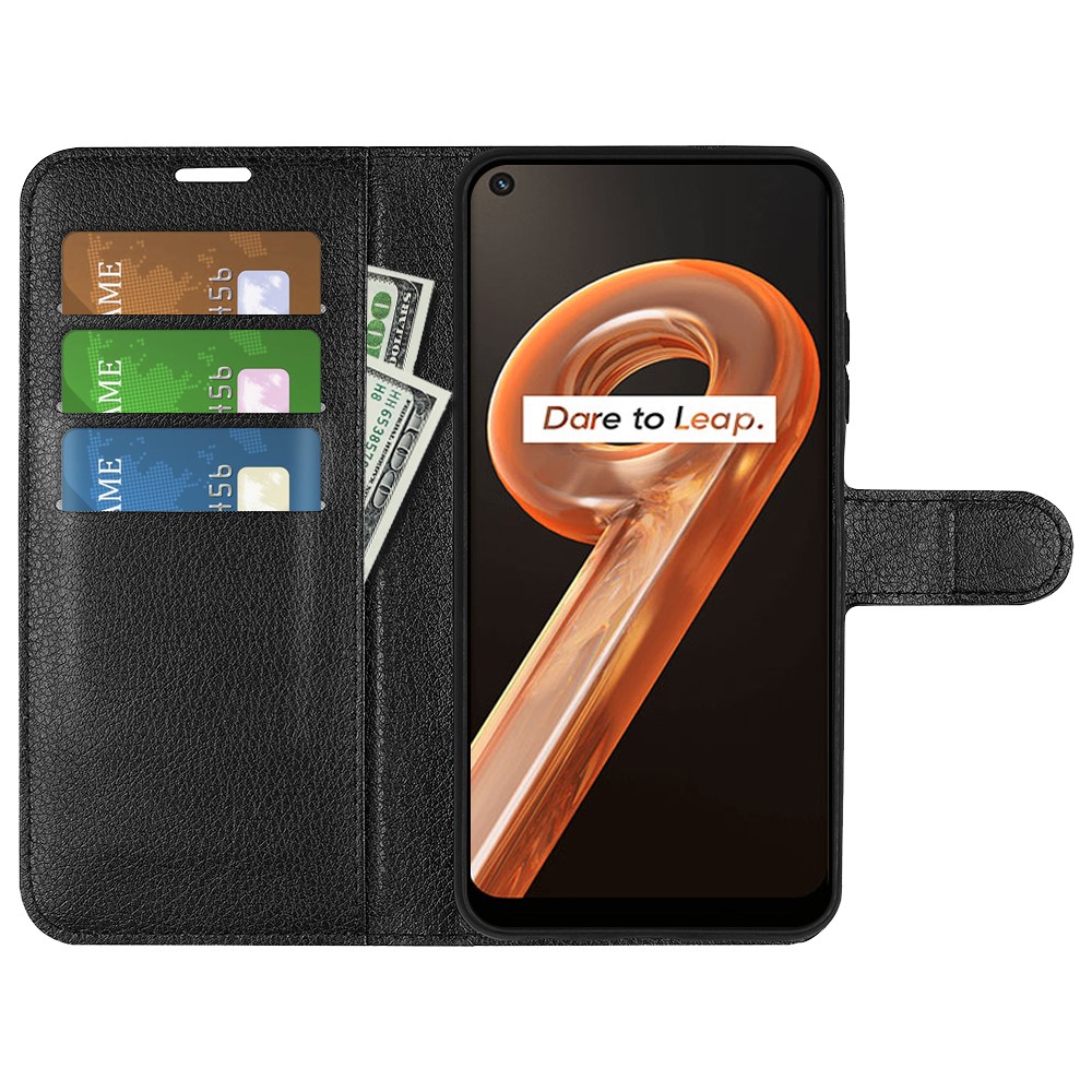 For Realme 9i Litchi Texture PU Leather Flip Cover Stand Wallet Magnetic Closure Folio Book Phone Case - Black-4