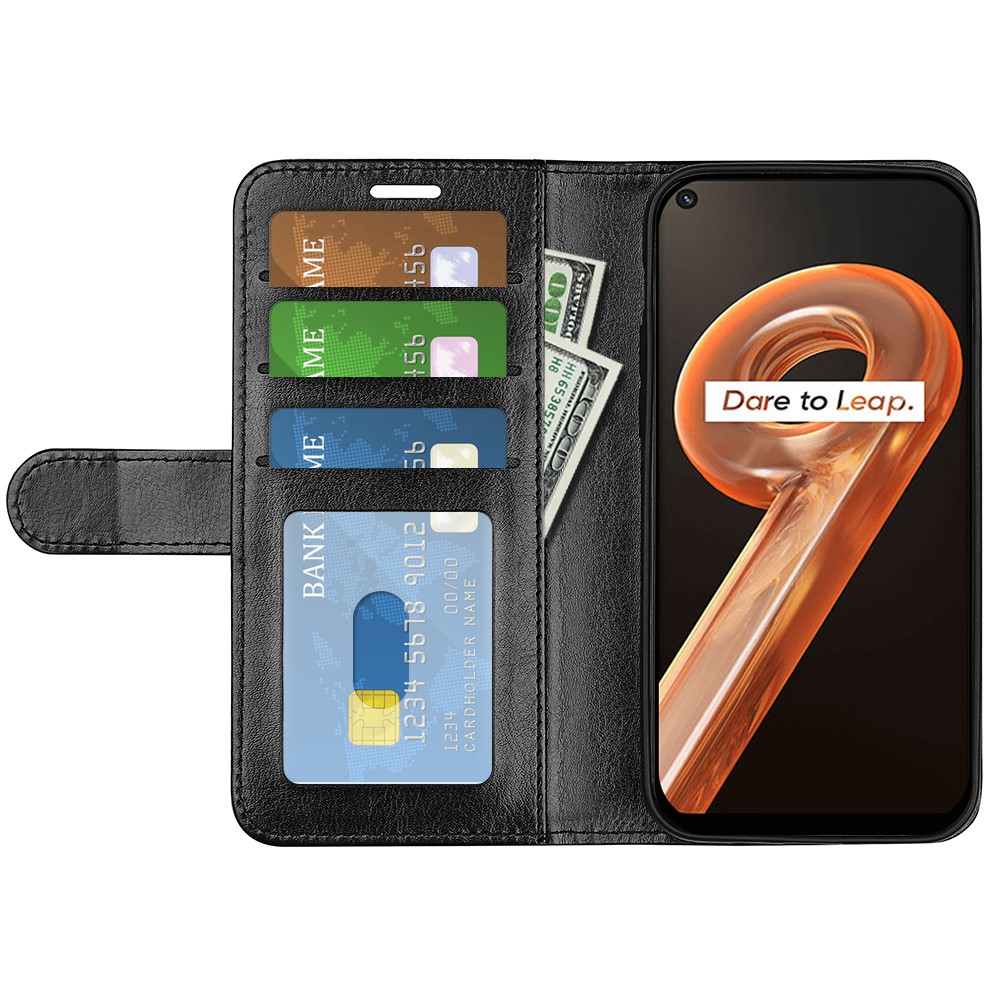 For Realme 9i Crazy Horse Texture Folio Flip Wallet Case PU Leather Stand Full Protection Phone Cover - Black-4