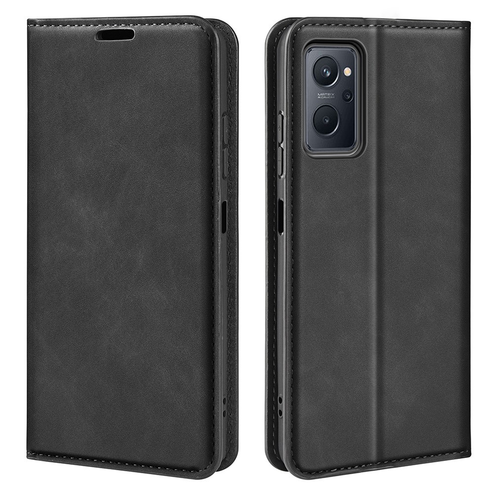 For Realme 9i Skin-touch Feeling PU Leather Flip Folio Case Wallet Stand Magnetic Closure Shockproof Phone Cover - Black-1