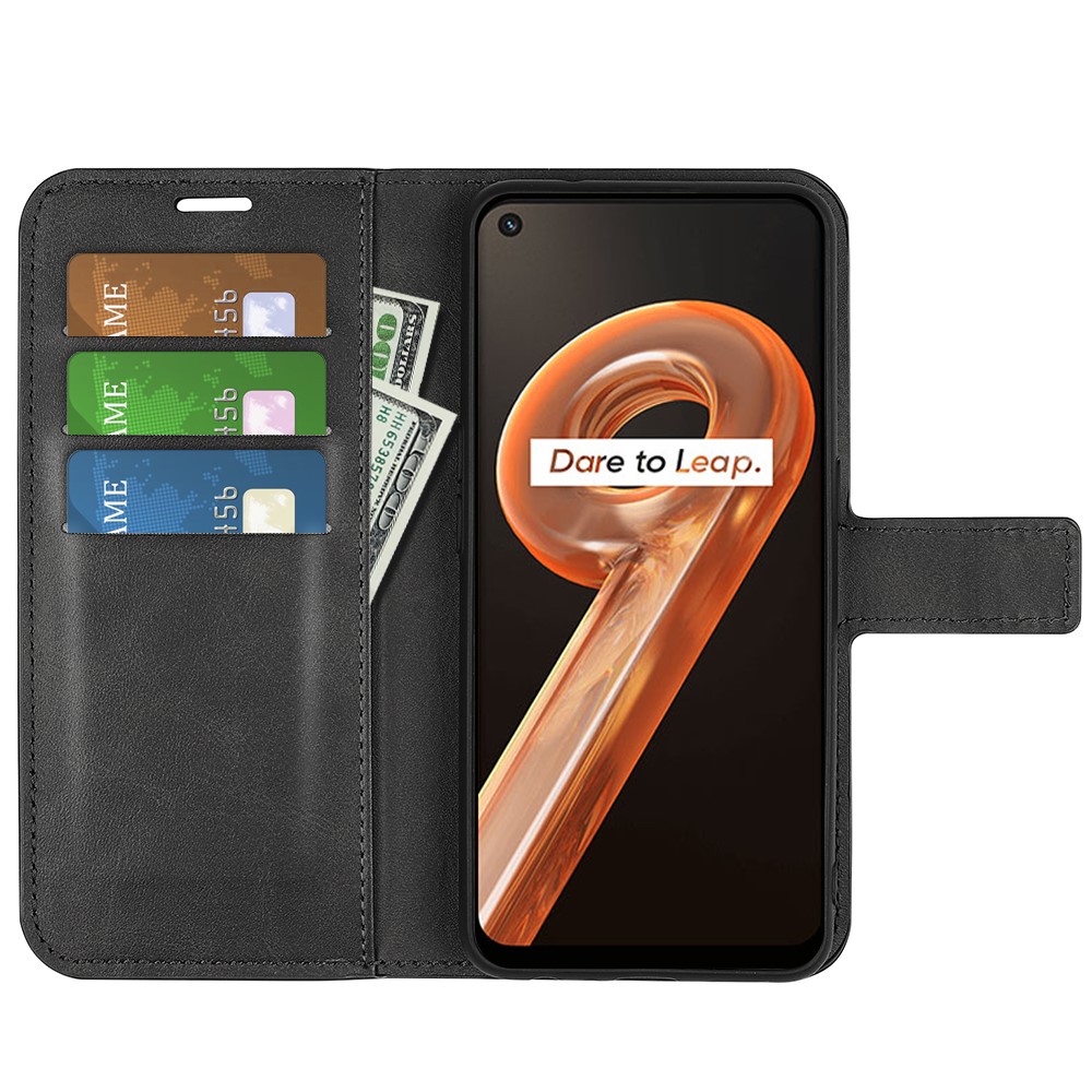 For Realme 9i Textured Wallet Case Magnetic PU Leather Flip Stand Protective Phone Cover - Black-4