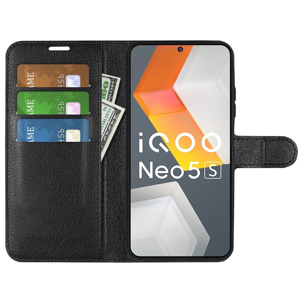 For vivo iQOO Neo5 S Flip Folio Case Wallet Stand Feature Litchi Texture PU Leather Book Phone Cover - Black-4