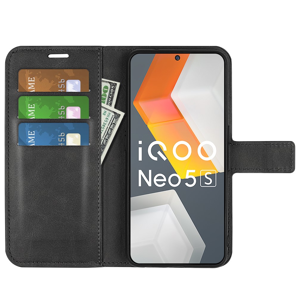 For vivo iQOO Neo5 S Shockproof Textured PU Leather Flip Wallet Cover Magnetic Closure Stand Full Protection Case - Black-4