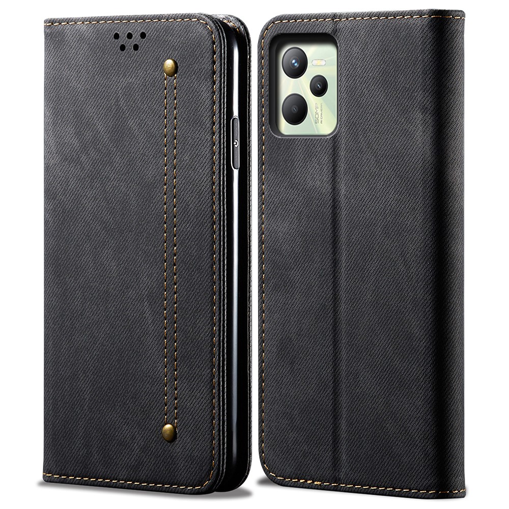 For Realme C35 Foldable Stand Jeans Cloth Texture PU Leather + TPU Wallet Well-protected Phone Case - Black-1