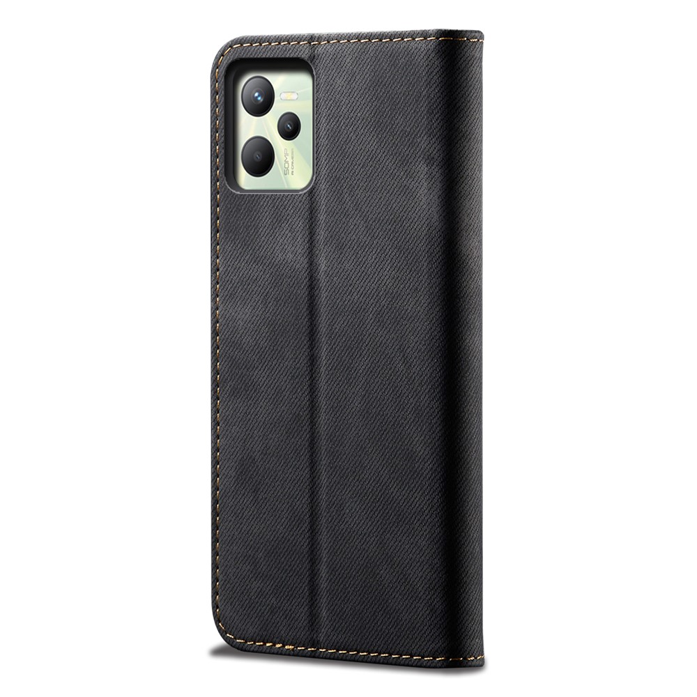 For Realme C35 Foldable Stand Jeans Cloth Texture PU Leather + TPU Wallet Well-protected Phone Case - Black-3