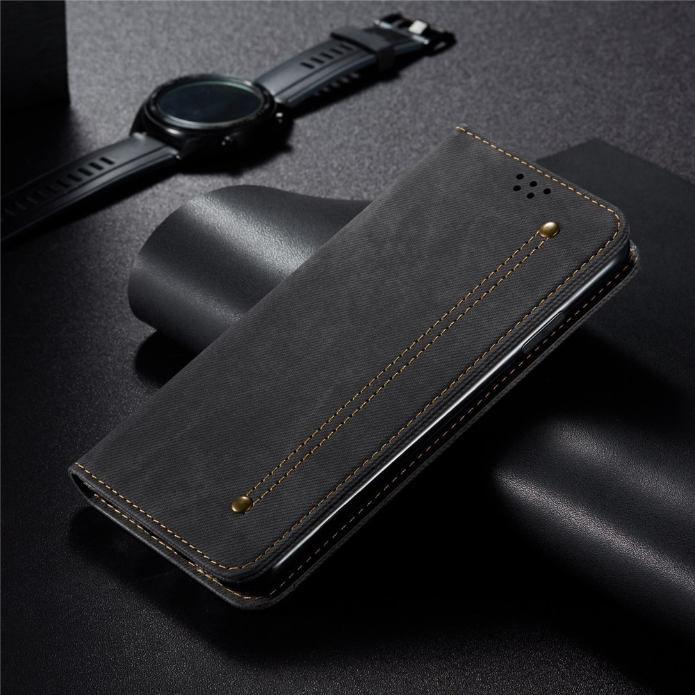 For Realme C35 Foldable Stand Jeans Cloth Texture PU Leather + TPU Wallet Well-protected Phone Case - Black-7