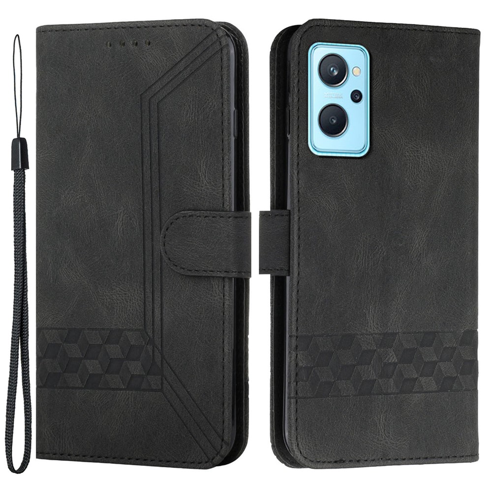 For Realme 9i / Oppo A76/A36 Wallet Case YX0010 Series Rhombus and Lines Imprinted PU Leather Magnetic Flip Stand Cover with Strap - Black-1