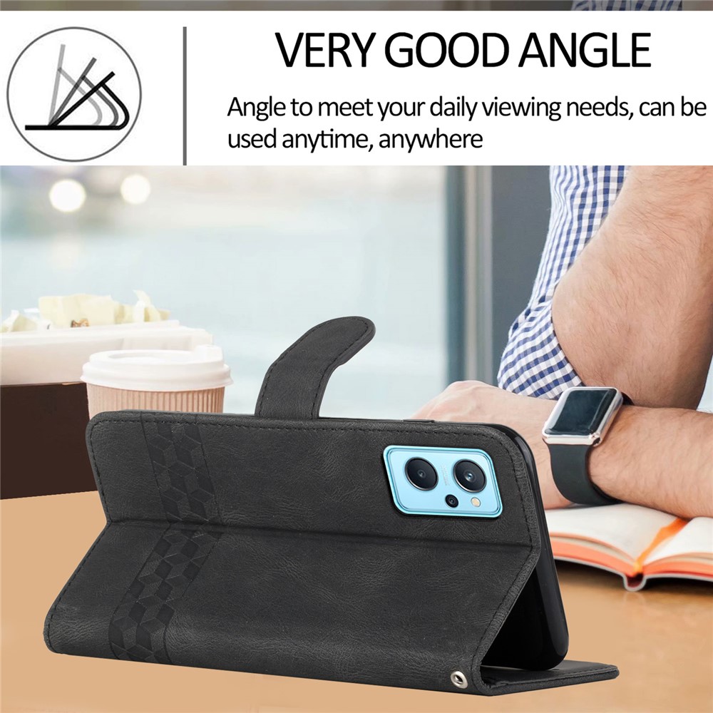For Realme 9i / Oppo A76/A36 Wallet Case YX0010 Series Rhombus and Lines Imprinted PU Leather Magnetic Flip Stand Cover with Strap - Black-5