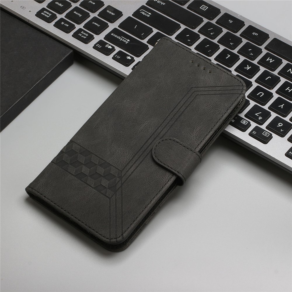 For Realme 9i / Oppo A76/A36 Wallet Case YX0010 Series Rhombus and Lines Imprinted PU Leather Magnetic Flip Stand Cover with Strap - Black-9