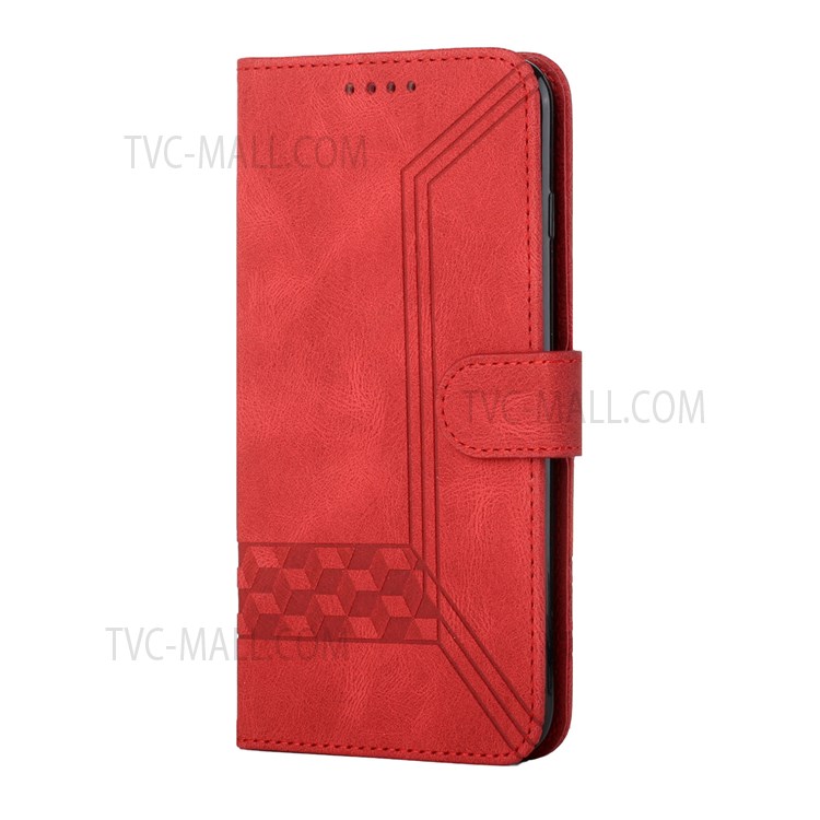 YX0010 Series PU Leather Case for Realme 9 Pro+, Rhombus and Lines Imprinted Wallet Magnetic Closure Stand Feature Flip Cover with Strap - Red-2