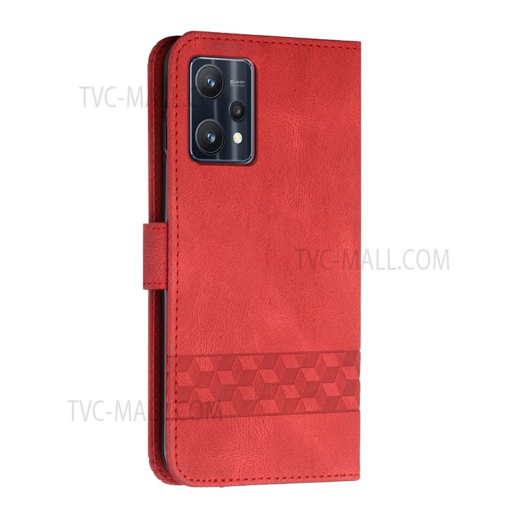 YX0010 Series PU Leather Case for Realme 9 Pro+, Rhombus and Lines Imprinted Wallet Magnetic Closure Stand Feature Flip Cover with Strap - Red-3