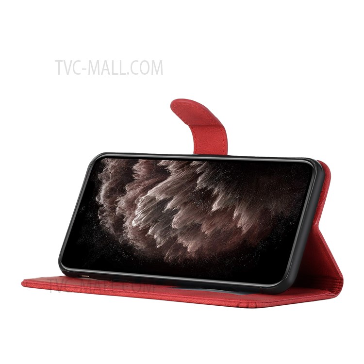 YX0010 Series PU Leather Case for Realme 9 Pro+, Rhombus and Lines Imprinted Wallet Magnetic Closure Stand Feature Flip Cover with Strap - Red-4