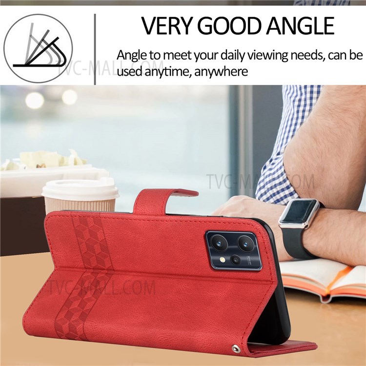 YX0010 Series PU Leather Case for Realme 9 Pro+, Rhombus and Lines Imprinted Wallet Magnetic Closure Stand Feature Flip Cover with Strap - Red-5