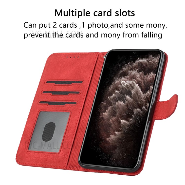 YX0010 Series PU Leather Case for Realme 9 Pro+, Rhombus and Lines Imprinted Wallet Magnetic Closure Stand Feature Flip Cover with Strap - Red-6