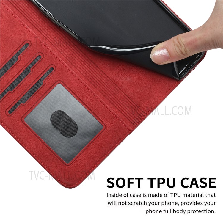 YX0010 Series PU Leather Case for Realme 9 Pro+, Rhombus and Lines Imprinted Wallet Magnetic Closure Stand Feature Flip Cover with Strap - Red-7