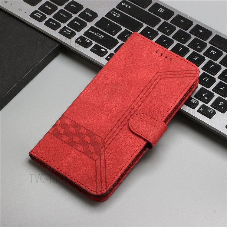 YX0010 Series PU Leather Case for Realme 9 Pro+, Rhombus and Lines Imprinted Wallet Magnetic Closure Stand Feature Flip Cover with Strap - Red-9