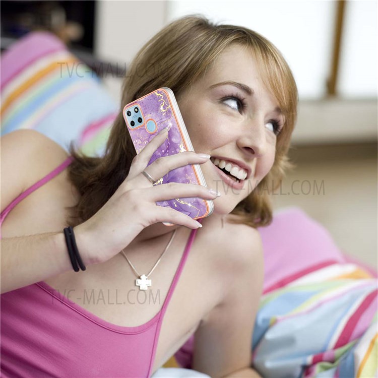 YB IMD Series-2 Marble Electroplated Case for Realme C21Y, IMD IML Soft TPU Anti-Fall Protective Phone Cover - Purple 002-5