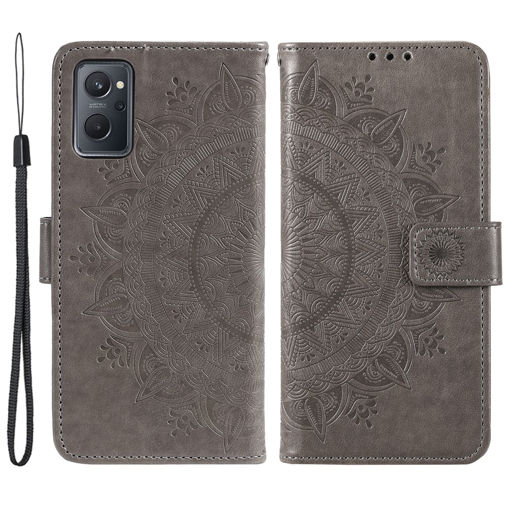 For Realme 9i / Oppo A36/A76 Imprinted Mandala Flower PU Leather Cover Viewing Stand Wallet Folio Flip Case with Wrist Strap - Grey-1