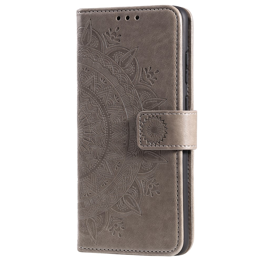 For Realme 9i / Oppo A36/A76 Imprinted Mandala Flower PU Leather Cover Viewing Stand Wallet Folio Flip Case with Wrist Strap - Grey-2