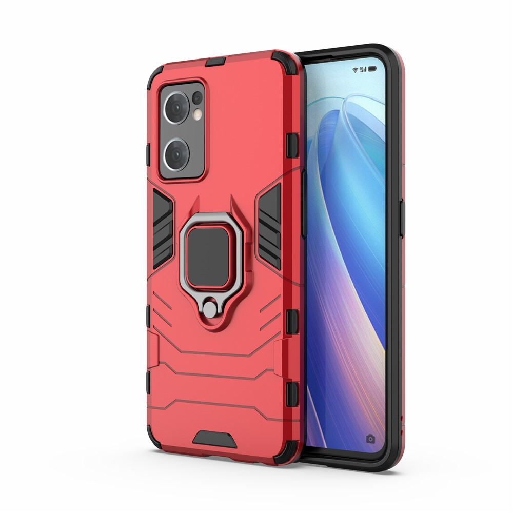 PC + TPU Combo Hybrid Phone Protective Cover for Oppo Reno7 5G (Global) One-Hand Operating Ring Kickstand Case - Red-1