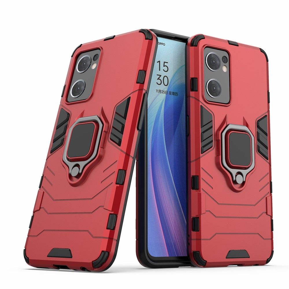 PC + TPU Combo Hybrid Phone Protective Cover for Oppo Reno7 5G (Global) One-Hand Operating Ring Kickstand Case - Red-2