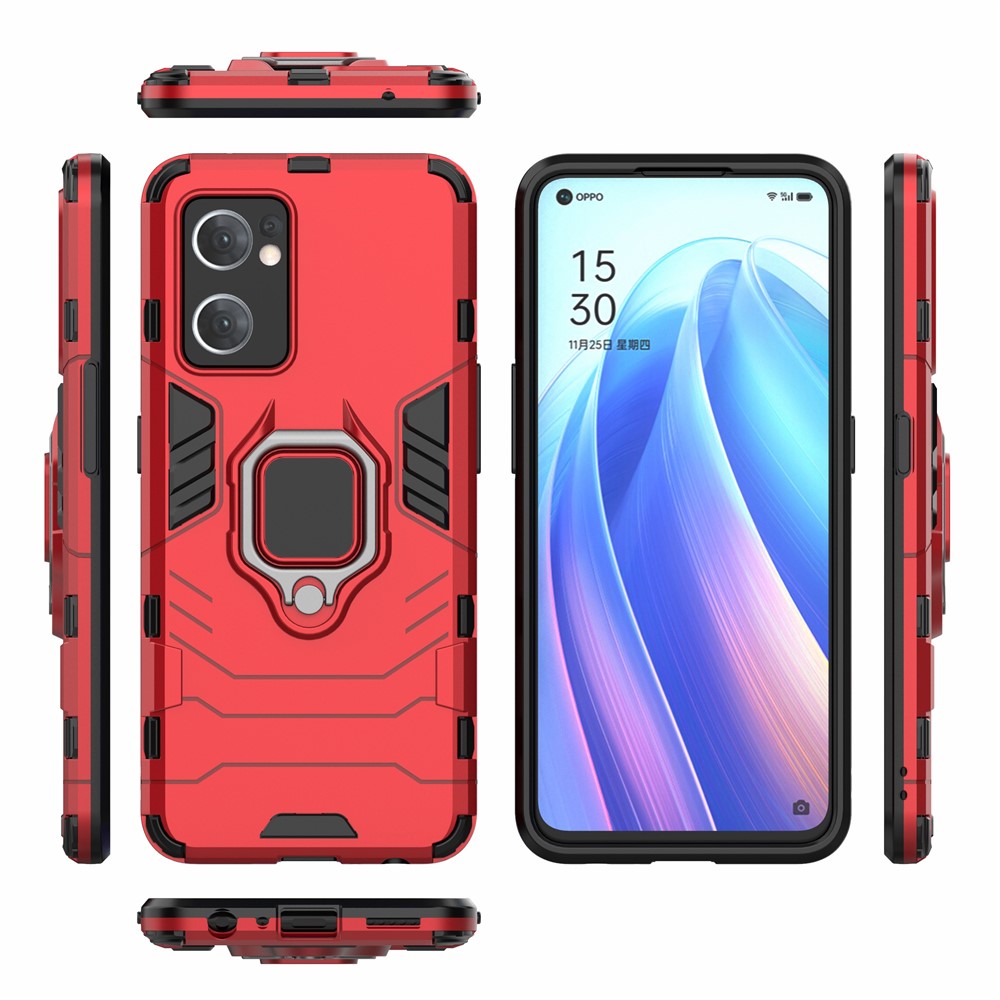 PC + TPU Combo Hybrid Phone Protective Cover for Oppo Reno7 5G (Global) One-Hand Operating Ring Kickstand Case - Red-7