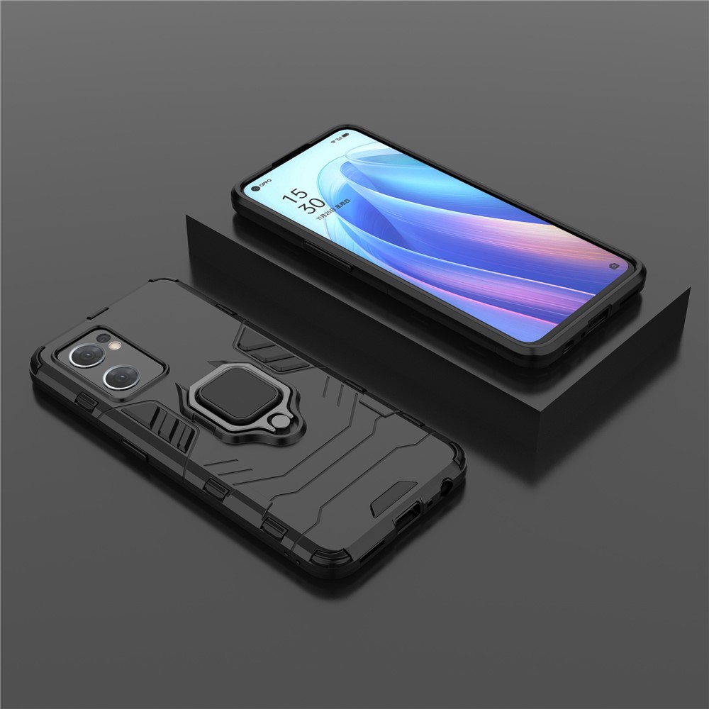 PC + TPU Combo Hybrid Phone Protective Cover for Oppo Reno7 5G (Global) One-Hand Operating Ring Kickstand Case - Black-6