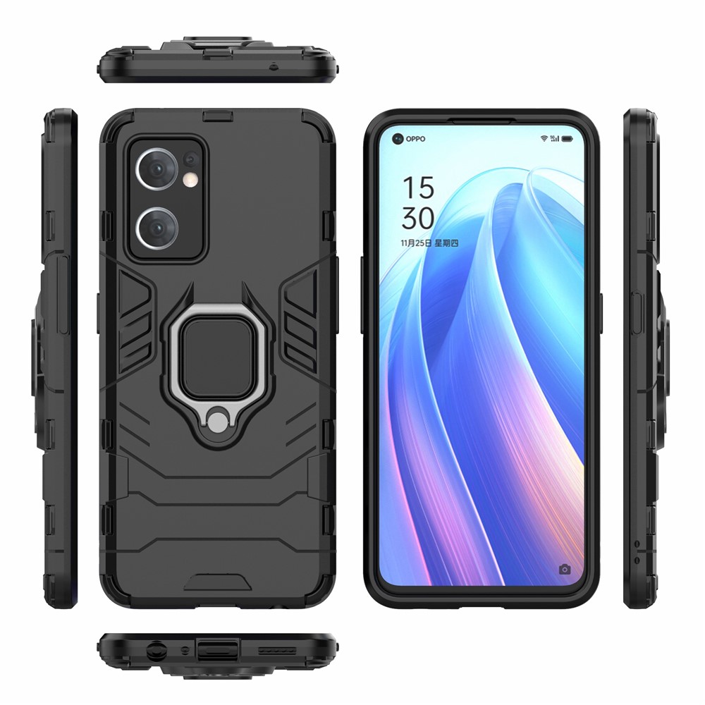 PC + TPU Combo Hybrid Phone Protective Cover for Oppo Reno7 5G (Global) One-Hand Operating Ring Kickstand Case - Black-7