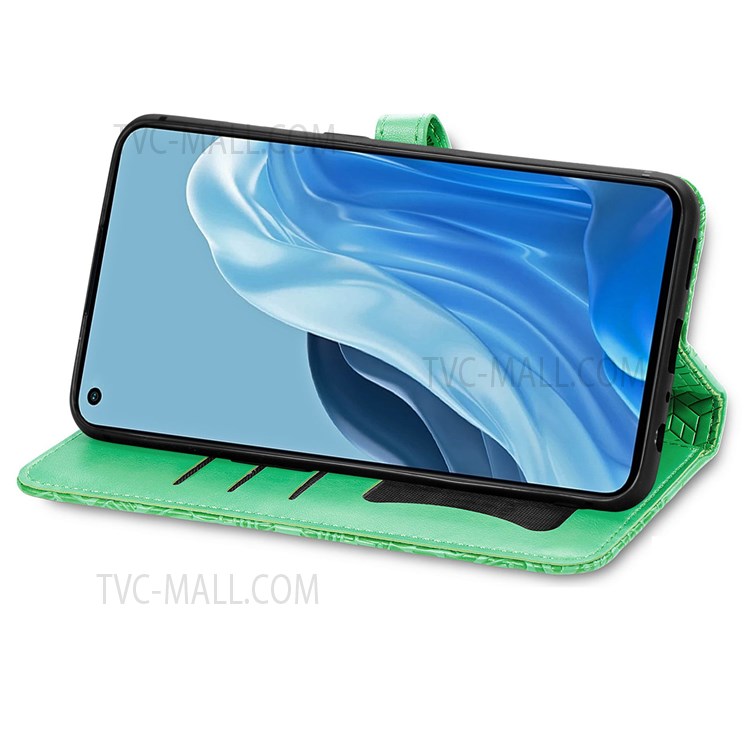 For Oppo Reno7 Pro 5G Scratch-resistant Phone Case Imprinted Dream Wings Pattern PU Leather Folio Phone Shell Wallet - Green-5