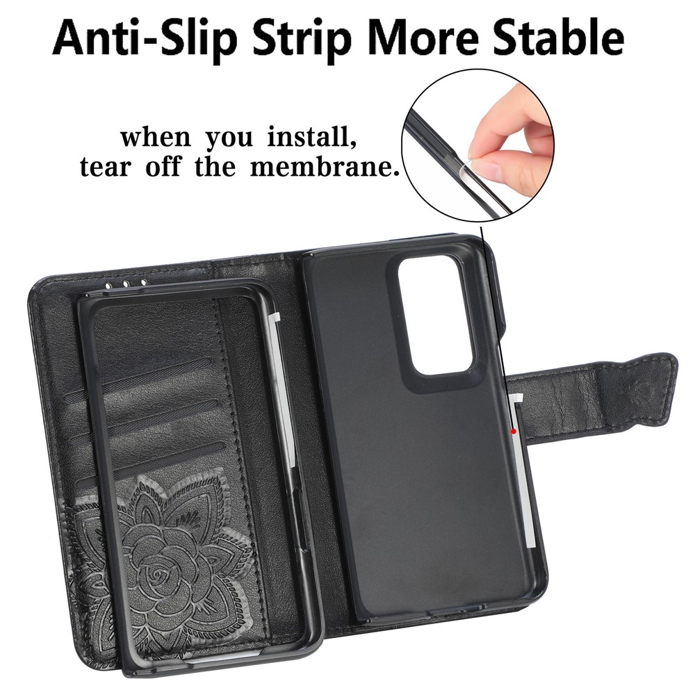 For Oppo Find N Wallet Phone Cover Drop Proof Imprinted Butterfly Flower Pattern Leather Case Stand Shell with Strap - Black-10