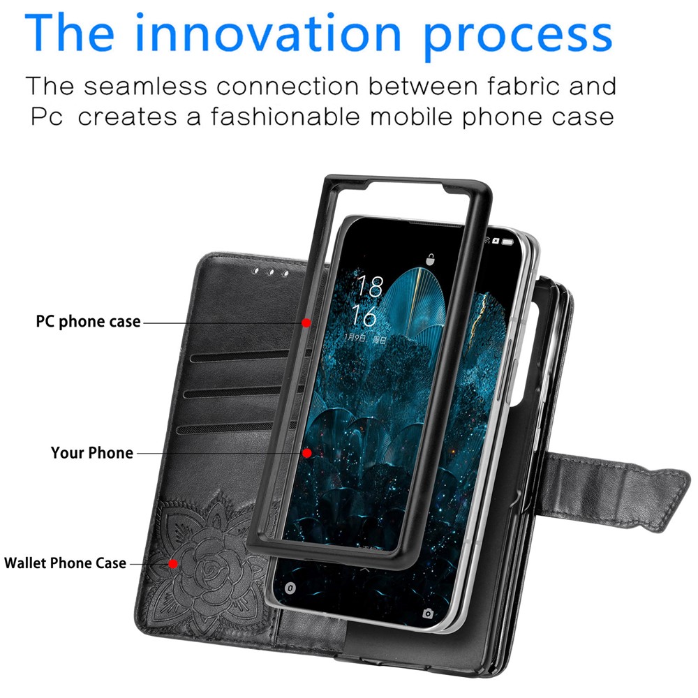 For Oppo Find N Wallet Phone Cover Drop Proof Imprinted Butterfly Flower Pattern Leather Case Stand Shell with Strap - Black-11