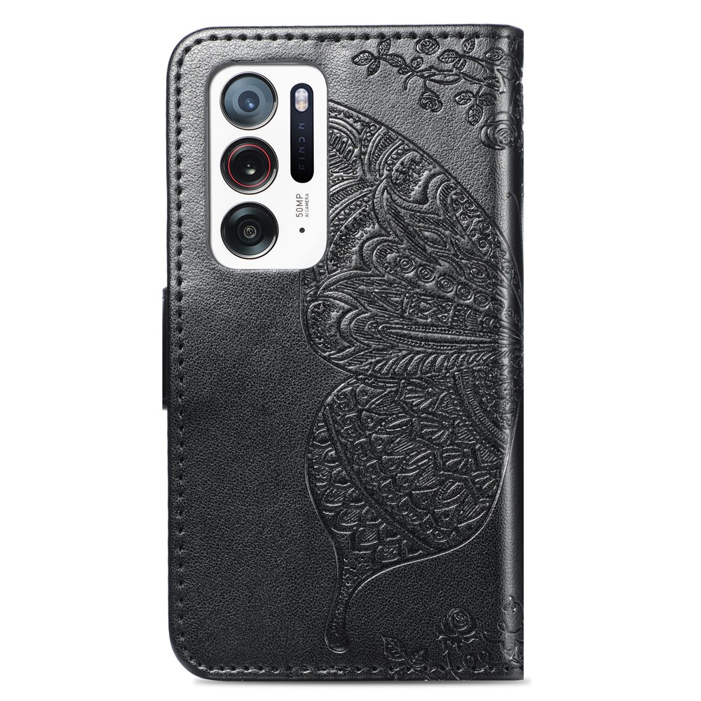 For Oppo Find N Wallet Phone Cover Drop Proof Imprinted Butterfly Flower Pattern Leather Case Stand Shell with Strap - Black-3